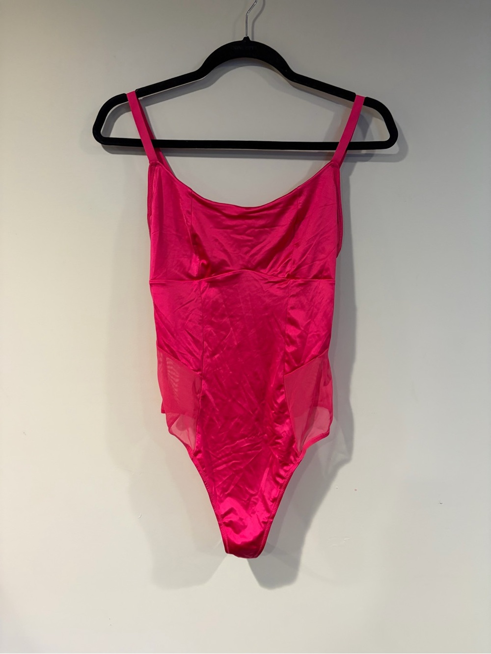Colsie Hot Pink Satin Bodysuit with Sheer Panels
